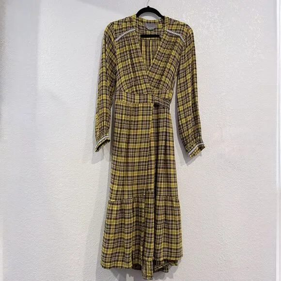 Anthropologie Dalton Wrap Maxi Dress Plaid Mustard Yellow Academia Fall Medium - Picture 2 of 16